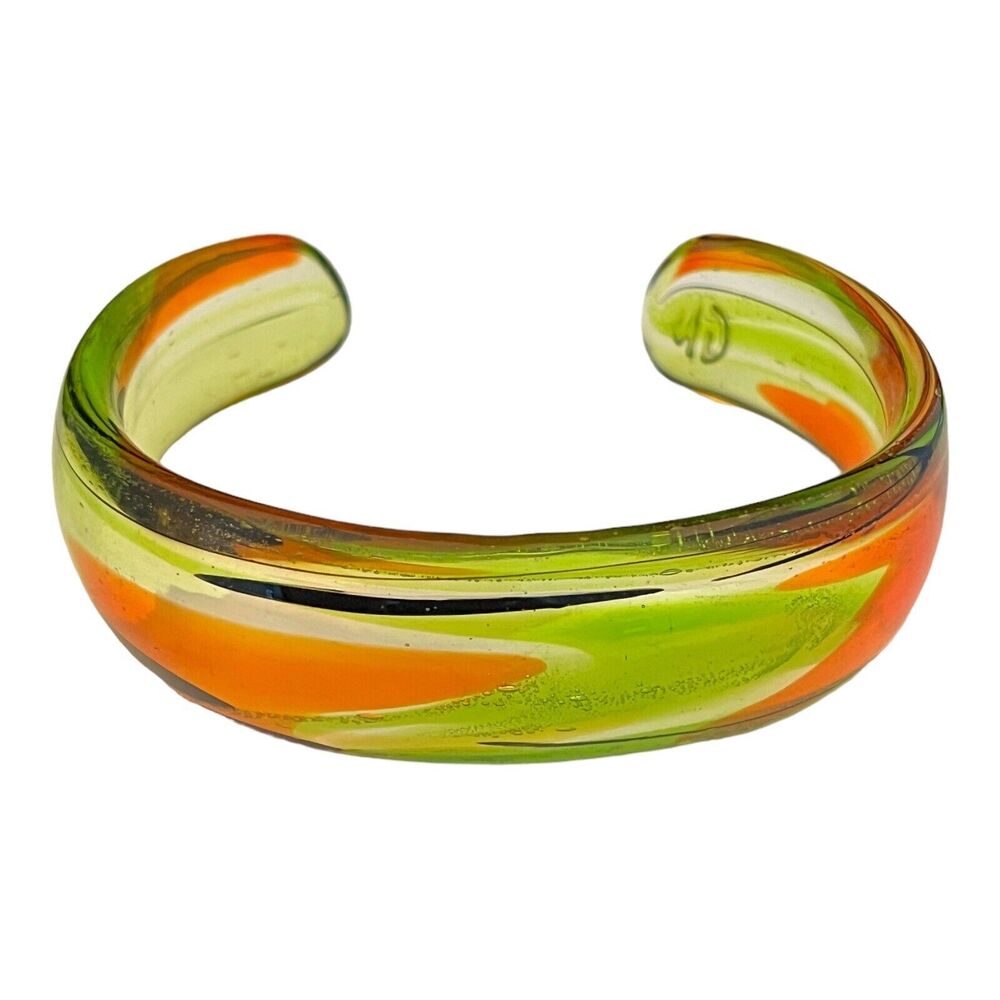 Vintage 1980s Studio Art Glass Cuff Bracelet Orange Green Swirl  Signed GK- 4B